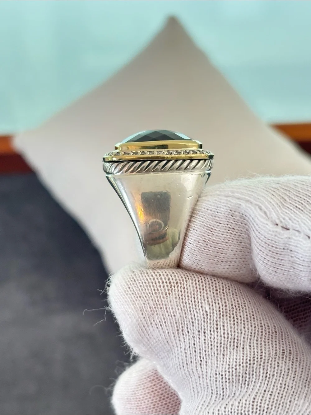 David Yurman 925 & 18k Gold 14mm Albion Ring with Smoky Quartz & Diamonds 7
